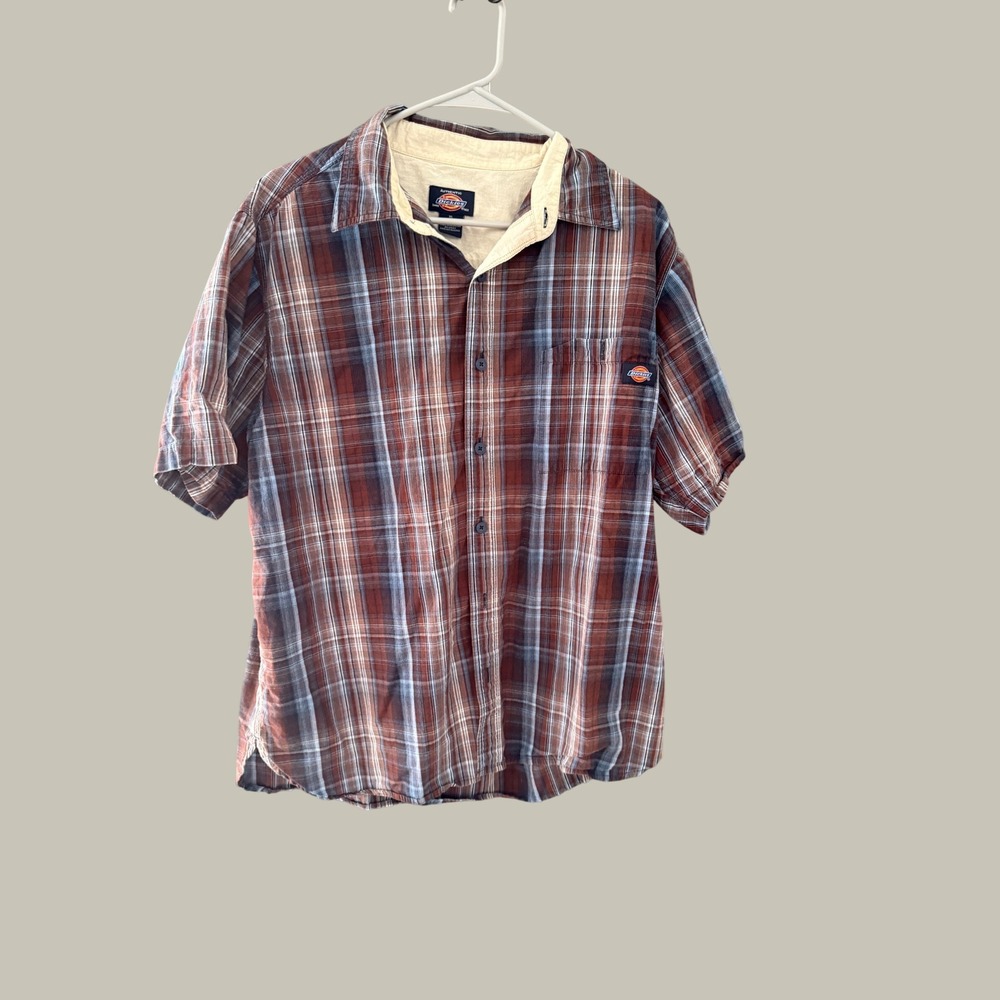 Dickies Y2k Mens XL Short Sleeve Plaid Button Down Shirt Burgundy Blue Cotton